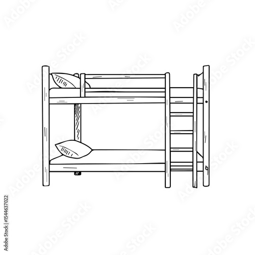 Bunk bed sketch with two mattresses and pillows. Simple bunk bed drawing shows wooden frame and ladder.  Hand drawn bunk bed illustration perfect for furniture catalog, interior design website,