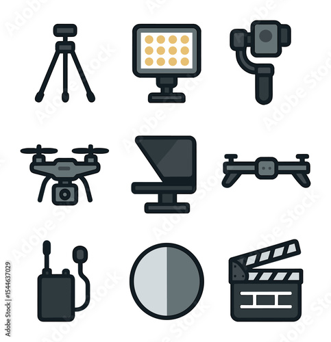 Filming Equipment Icons. Flat icon set of filming equipment: camera tripod, LED panel, gimbal stabilizer,