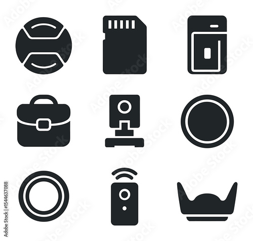 Video Accessories Icons. Flat icon set of video accessories: lens cap, memory card, battery charger, camera