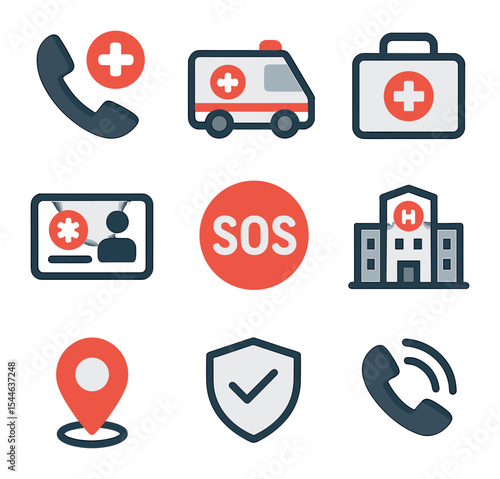 Emergency Services Icons. Flat icon set of emergency and support services: emergency call, ambulance icon,