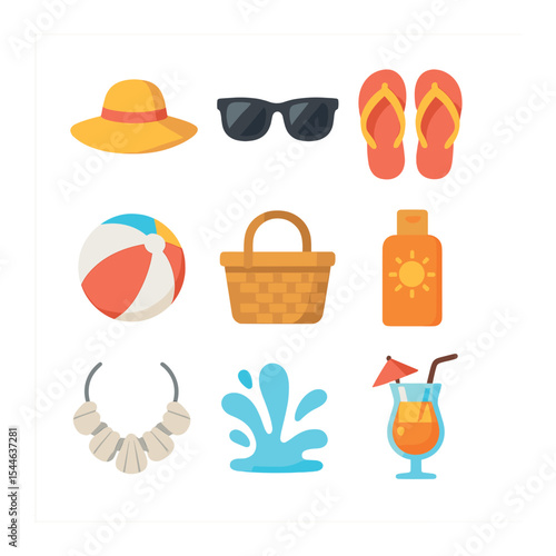 Summer Essentials Icons. Flat icon set of summer event accessories: sunhat, sunglasses, flip flops, beach ball