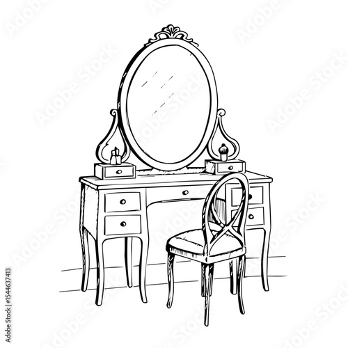 Elegant vanity set with oval mirror and drawers. Classic vanity table features ornate details and a comfortable chair.