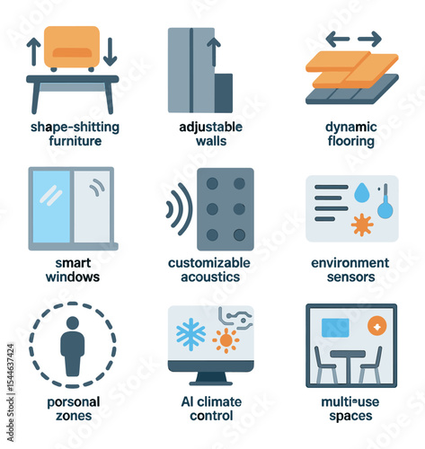 Adaptive Home Icons. Flat icon set of adaptive home environments: shape-shifting furniture, adjustable walls,
