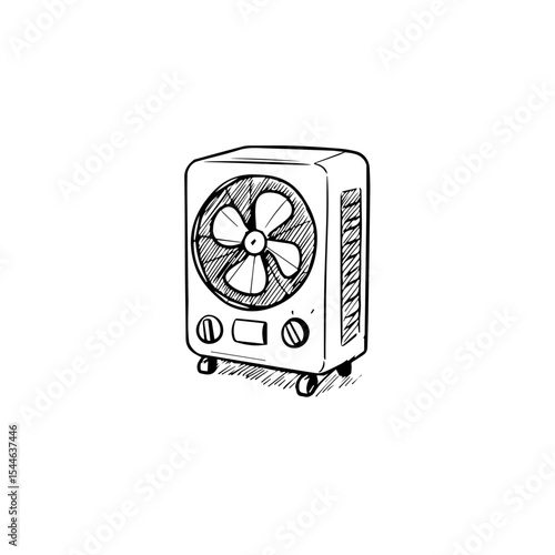 Portable air cooler sketch with three blades fan and control panel.  This air cooler illustration shows a compact device perfect for home or office use.  This simple drawing is ideal for brochures,