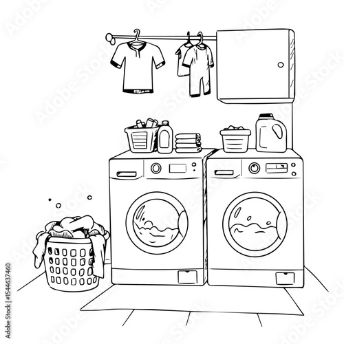 Laundry room sketch with washing machine and dryer.  Clean laundry in basket near appliances. Clothes hanging on rack above washing machines. Illustration perfect for home decor magazines,