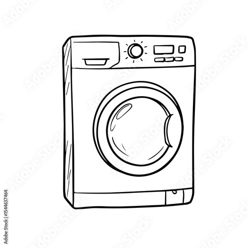 Modern washing machine sketch. Appliance illustration showing front load washer with digital display and control knob. Detailed drawing of home laundry equipment perfect for appliance manuals,