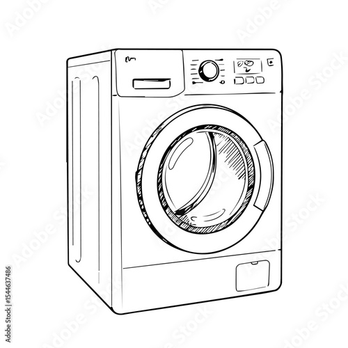 Modern washing machine sketch with control panel and door. Detailed appliance drawing shows front loading washer with clear lines and simple design.