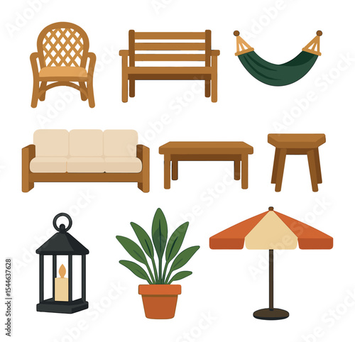 Garden Seating Icons. Flat icon set of garden seating accessories: wicker chair, wooden bench, hammock,