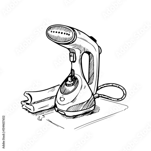 Hand drawn illustration of garment steamer.  A portable garment steamer is shown with its accessories on a heat-resistant mat. This detailed drawing is perfect for a brochure or website,