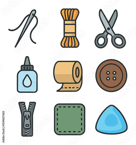 Sewing Icon Grid. Flat icon set of stitching and finishing: sewing needle, embroidery thread, fabric scissors,
