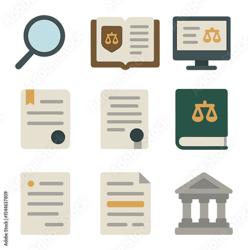 Legal Document Icons Grid. Flat icon set of legal research and analysis: magnifying glass, law journal,