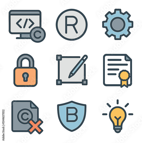 IP Law Icons. Flat icon set of IP case types: software copyright, trademark sign, patent gear, trade secret