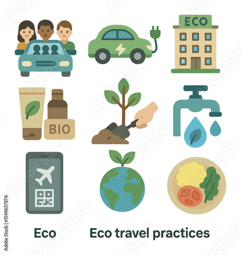 Eco Travel Icons. Flat icon set of eco travel practices: carpooling, electric vehicle, eco hotel,