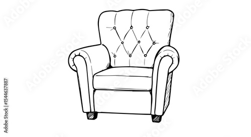 Comfortable armchair with button tufting and rolled arms. Classic armchair design features elegant upholstery and sturdy wooden legs.