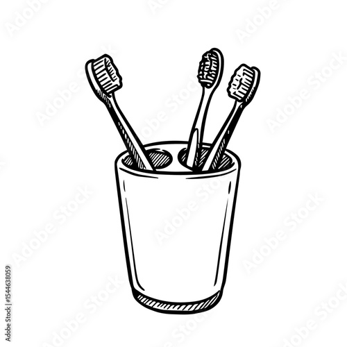 Three toothbrushes in holder. Bathroom essentials include three individual toothbrushes in a simple glass holder. This image is perfect for dental hygiene infographics, bathroom brochures,