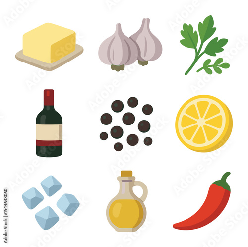 Cooking Icon Set. Flat icon set of cooking ingredients: butter, garlic cloves, fresh herbs, bottle of wine,