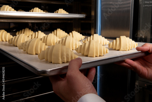 Pastry chef places croissants in the oven.