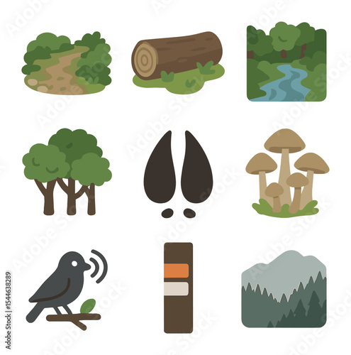 Forest Exploration Icons. Flat icon set of exploring uncharted forests: mossy path, fallen log, hidden creek,