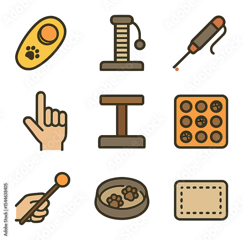 Cat Training Icons. Flat icon set of cat training and enrichment: treat clicker, scratching post, laser