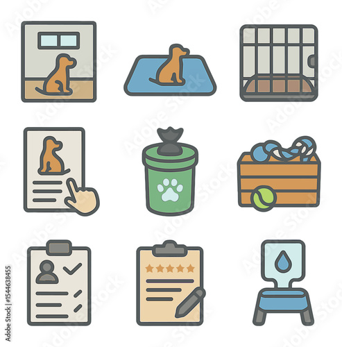Obedience Class Icons. Flat icon set of obedience class environments: indoor training hall, training mat,