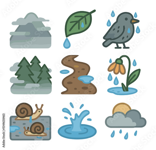 Rainy Nature Icons. Flat icon set of rainy nature moments: misty mountain, dripping leaf, wet bird, foggy
