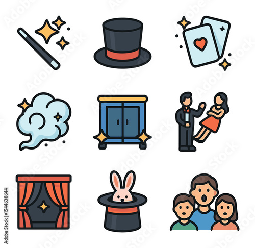Magic Icon Set. Flat icon set of magic and illusion shows: magic wand, top hat, card trick, smoke effect,