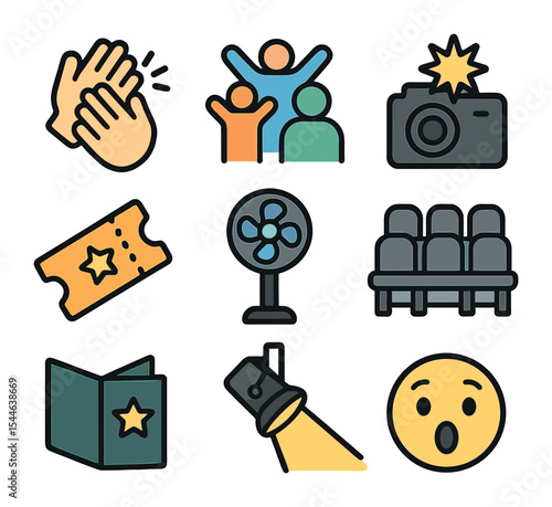 Talent Show Icons. Flat icon set of talent show audience: clapping hands, cheering crowd, camera flash, ticket