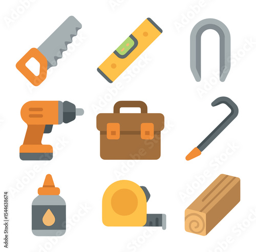 Rural Fence Tool Icons. Flat icon set of rural fence maintenance tools: saw, level, fence staple, drill,