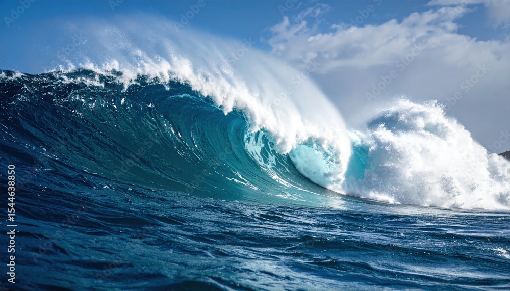 Fototapeta premium Powerful Ocean Wave: Large blue wave crashing in deep ocean with spray, sky, clouds. Represents power, nature, energy, motion, sea.