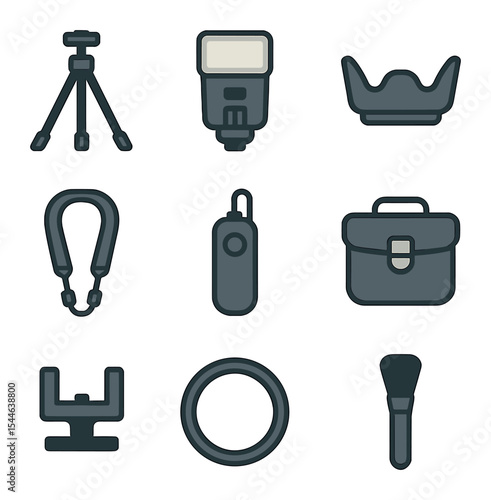 Camera Accessories Icons. Flat icon set of camera accessories: tripod, external flash, lens hood, camera strap