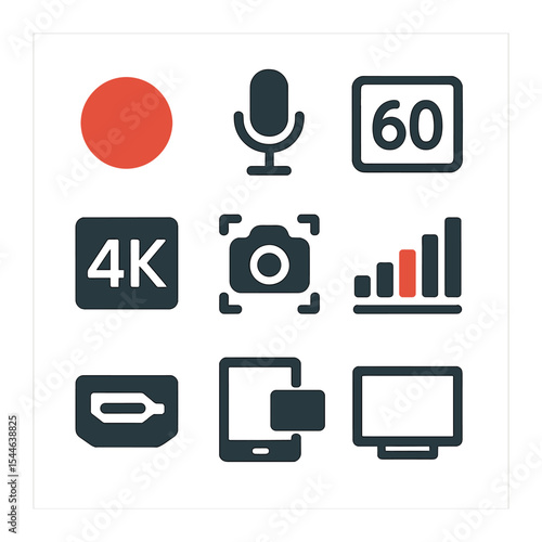 Camera Video Icons. Flat icon set of video features on digital cameras: red record button, microphone jack,