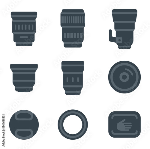 Camera Lens Icon Set. Flat icon set of camera lenses: prime lens, zoom lens, telephoto lens, wide-angle lens,