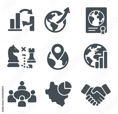 Corporate Strategy Icons. Flat icon set of corporate globalization strategy: merger chart, market expansion
