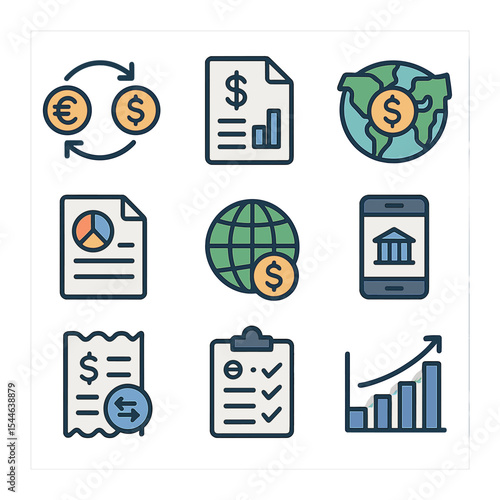 International Finance Icons. Flat icon set of international finance and accounting: currency exchange, tax