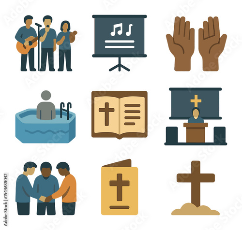 Evangelical Beliefs Icons. Flat icon set of Evangelical beliefs and worship: praise band, worship lyrics