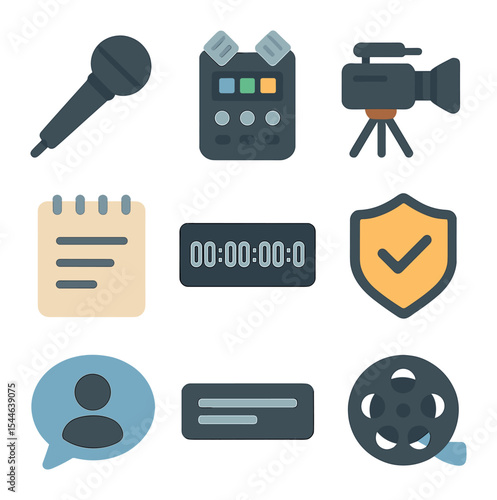 Documentary Tools Icons. Flat icon set of documentary cinema: interview mic, field recorder, camera on tripod,