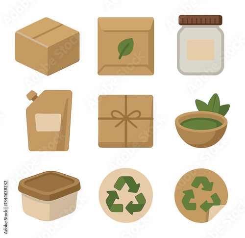 Eco Packaging Icons. Flat icon set of sustainable product packaging: kraft box, eco mailer, glass jar, minimal