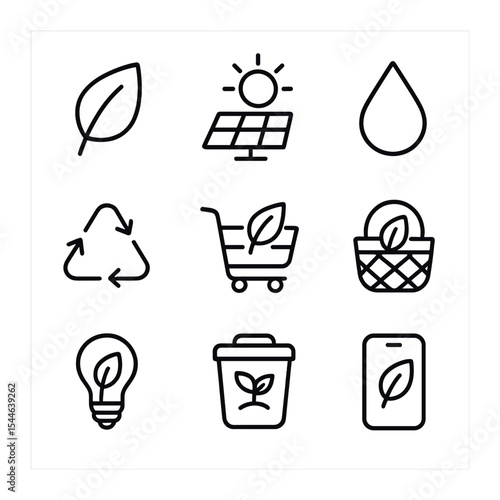 Minimal Eco Icons. Flat icon set of minimal eco icons for UI: clean line leaf, solar energy icon, water