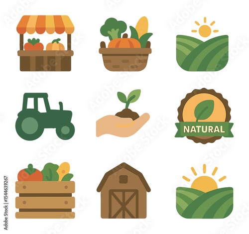 Farm Icon Set. Flat icon set of farm-to-label product icons: local farm stand, produce basket, field icon,