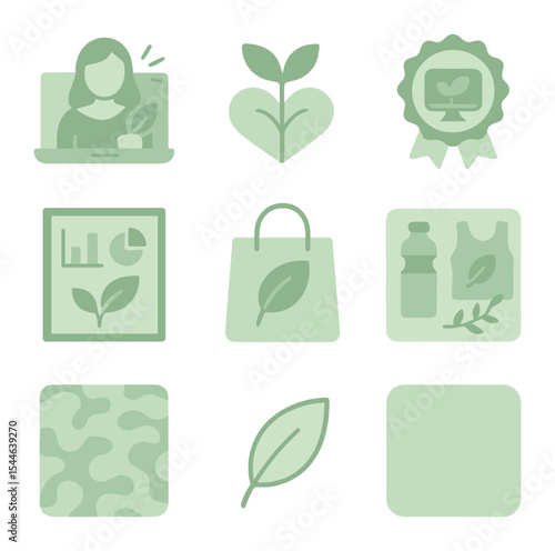 Green Marketing Icons. Flat icon set of green marketing visuals: eco influencer, plant-based icon, digital eco