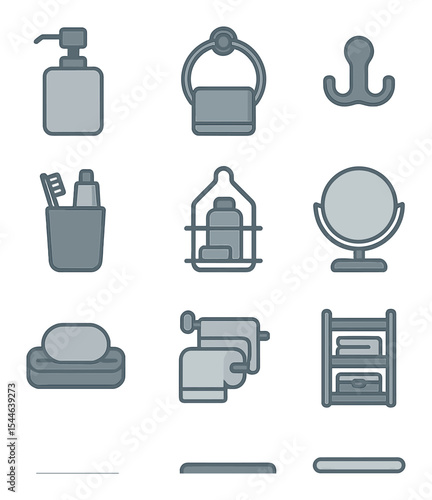 Modern Bathroom Icons. Flat icon set of bathroom accessories: soap dispenser, towel ring, robe hook,
