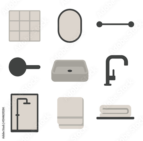 Minimalist Bathroom Icons. Flat icon set of minimalist bathroom design: clean wall tile, frameless mirror,