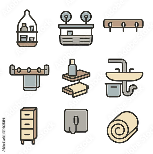 Bathroom Organization Icons. Flat icon set of small bathroom organization: hanging caddy, suction cup rack,
