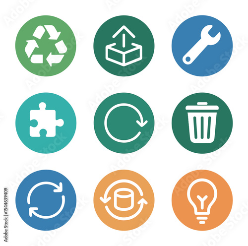 Circular Design Icons. Flat icon set of circular design principles: recycle symbol, upcycle icon, repair