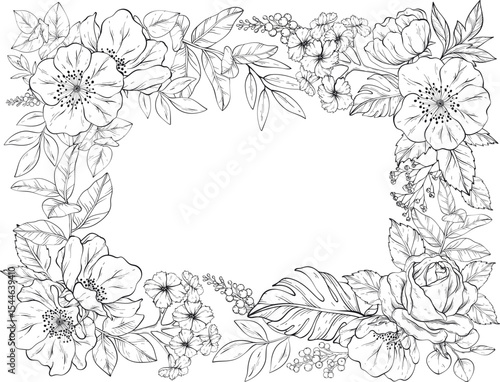 A delicate vector illustration of a outlines floral frame featuring roses, poppies, peonies, geraniums, and various foliage