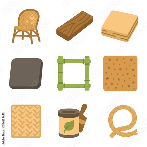 Sustainable Materials Icons. Flat icon set of sustainable furniture materials: rattan chair, reclaimed wood