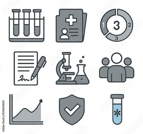 Nanomedicine Icon Set. Flat icon set of clinical research and trials in nanomedicine: test tube rack, clinical
