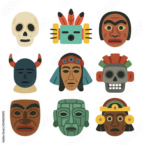 Indigenous Mask Icons. Flat icon set of Indigenous American masks: Inuit bone mask, Hopi Kachina, Tlingit