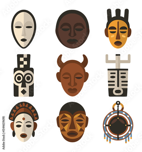 African Tribal Mask Icons. Flat icon set of African tribal masks: Fang mask, Dan mask, Yoruba mask, Bwa plank