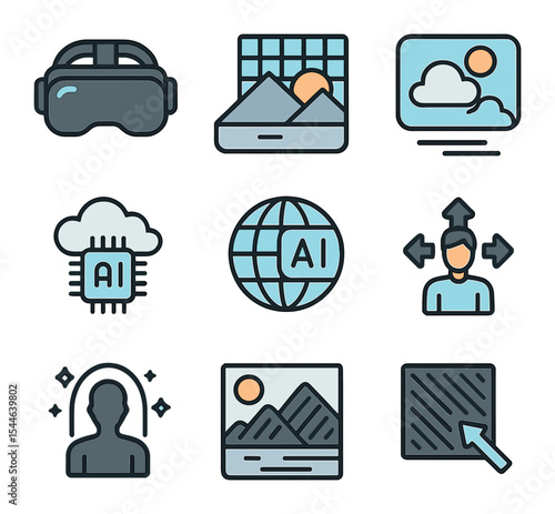 Virtual Reality Icons. Flat icon set of AI in virtual environments: VR headset, AR overlay grid, synthetic sky